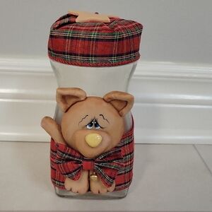 Plaid Cat Decor Glass Jar With Handmade Dog